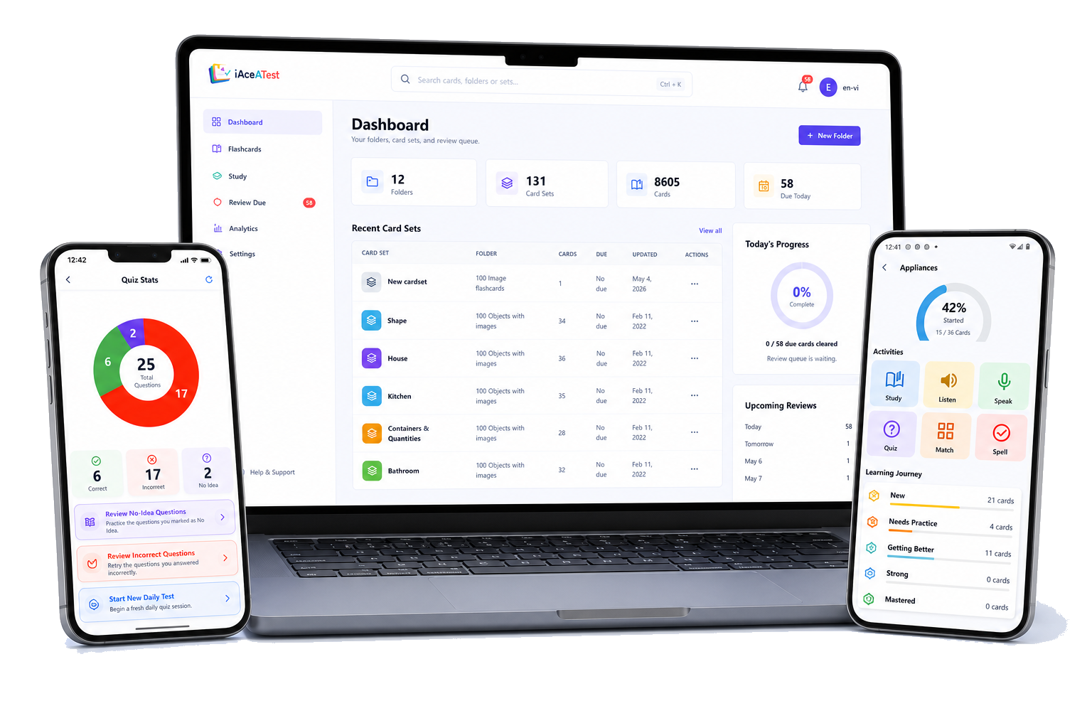 iAceATest dashboard on laptop with mobile app screens